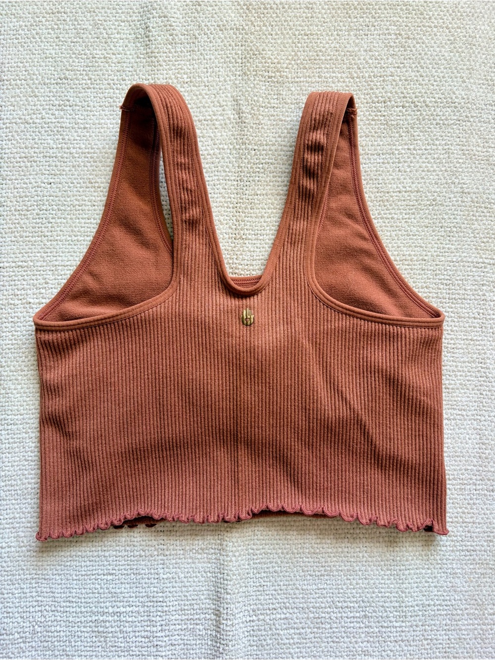 Deep Rust Colored Ribbed Sports Bra + Leggings Set w Lettuce Trim — Size S - Picture 3 of 12